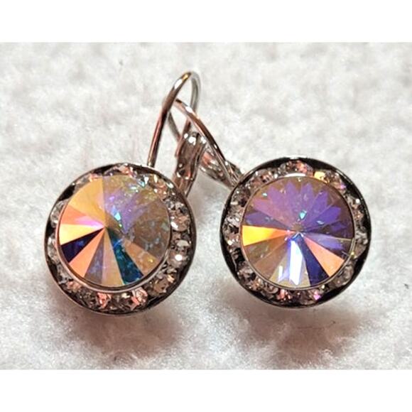 Crystal AB Round Earrings Silvertone Leverback Ear Wires Rainbow Iridescent - Picture 1 of 6